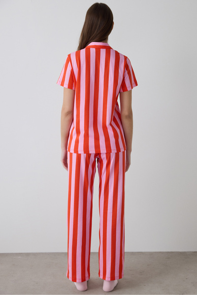 Penti Mercan Chill Days csíkos inggalléros pamut rövid ujjú pizsama szett