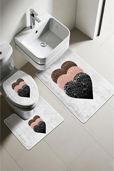 Dolce Mariee Modern Desenli Dijital Baskı 3’lü Banyo Paspas Takımı Yıkanabilir Kaymaz Tabanlı Klozet Takımı KLZ00