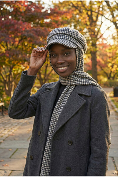 fidan bone قبعة من الصوف مع وشاح، قبعة صغيرة منقوشة باللون الأسود الكريمي، قب...