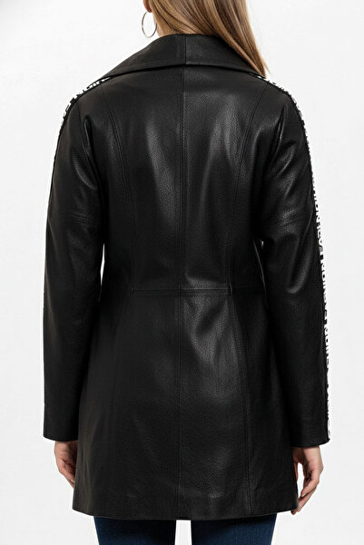 Deriderim Siyah Lori Önden Çapraz Fermuarlı Kemerli Reglan Kol Fashion Yazılı Hakiki Deri Kadın Kaban