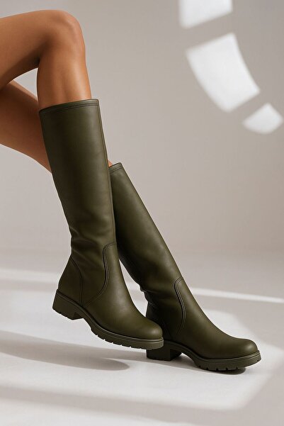 Shakrak Cizme de damă Vanessa din piele verde măsline cu blană în interior