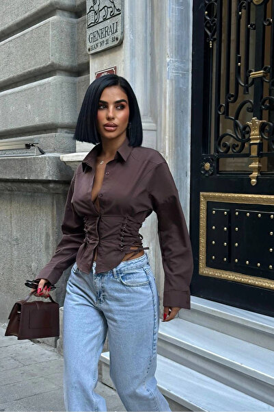 VİSKALİ Yan Bağcıklı Korse Formlu Kahverengi Gömlek