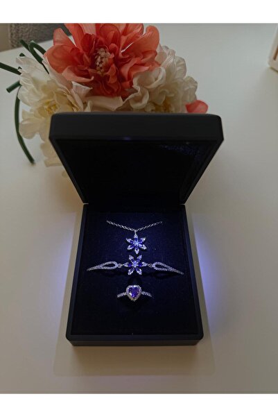 HKN AVM ACCESSORİES Işıklı kutuda gümüş renk kalp yüzük ametist lotus kolye bileklik sevgiye hediye doğum günü hediyesi anneler Sevgililer günü hediyesi advent