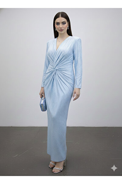 CAREZZA Starlight - Drapeli Taşlı Likralı Mavi Abiye