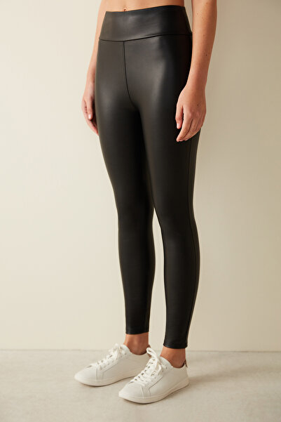 Penti Siyah Extra Yüksek Bel Deri Görünümlü Bilek Boy Tayt