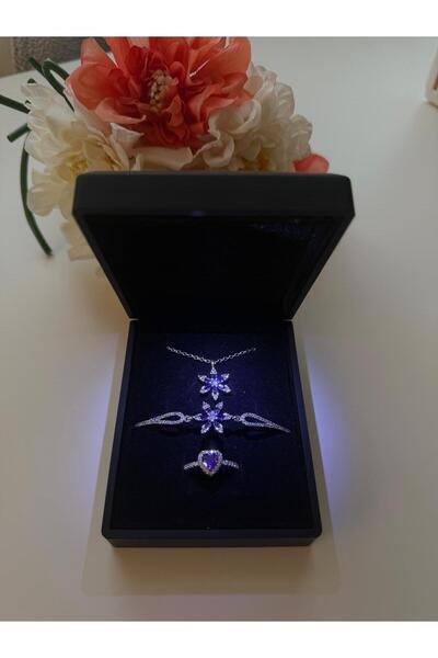 HKN AVM ACCESSORİES Işıklı kutuda gümüş kalp yüzük ametist taşlı lotus kolye bileklik sevgilier günü hediyesi advent