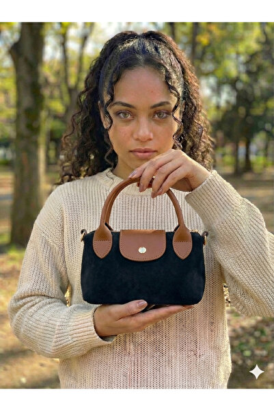 PurpleART حقيبة يد وكتف صغيرة من جلد الغزال باللون الأسود - تان للنساء مقاس 13×20 سم