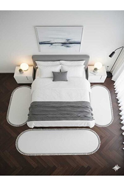 ALTUN CARPET 3lükarbeyaz 6renk Modern Post Pelüş Kaymazponpon Saçaklı Yatakodasıtakımı 1adet 60*300 2 Adet 60*150