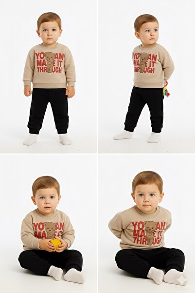 aczagul butik BİR BEDEN BÜYÜK ALIN ACZA Butik Koleksiyon Ayıcık Baskılı Kız Çocuk Eşofman Takımı - Bej & Siyah