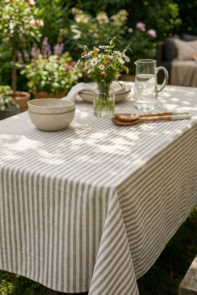 Kayasoft Sütlü Kahve Çizgili Masa Örtüsü – Pamuk Keten Dikdörtgen Sofra Örtüsü