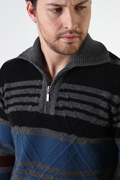 Ferraro Smoked Zippered Stand Collar 100% Lamb Wool Men's Sweater