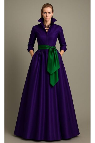 ALYEL NAKER Yeşil Kuşaklı Mor Tafta Maxi Gömlek Elbise