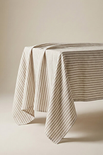 Kayasoft Sütlü Kahve Çizgili Masa Örtüsü – Pamuk Keten Dikdörtgen Sofra Örtüsü
