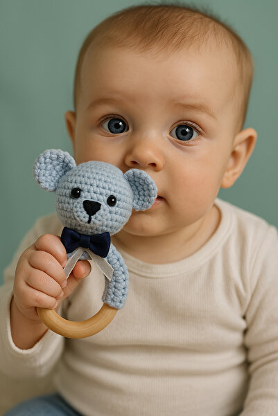 Banvela Handmade Amigurumi Mavi Ayıcık Çıngırak – El Örgüsü – Bebek Diş Kaşıy...