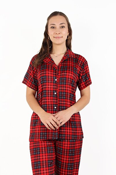 Mckanzie 15669 Pegasus Shirt Collar Short Sleeve Top Long Bottom Plaid Pajamas Set
