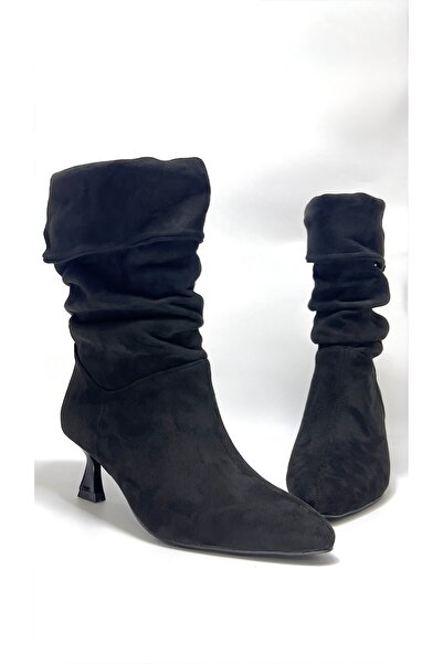 livendi LARINA Kadın Siyah Süet Kısa Topuklu Çizme Bot