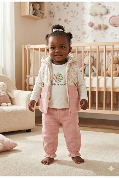Mini Baray Baby Girl Floral Pattern Vest 3-Piece Tracksuit Set (9-12-18 Months)