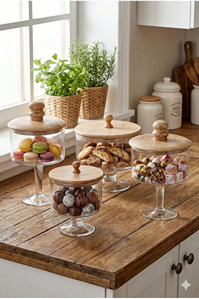 GUNES ZUCCACIYE Madera Ayaklı Şekerlik Kurabiye Kek Çikolata Kavanozu 4'LÜ SET