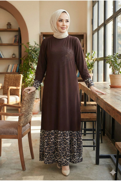 modamira Kadın Kahve Sandy Göğsü Taşlı Kolu Ve Eteği Leopar Garnili Tesettür ...