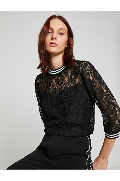 Koton Дамска черна тениска с дълги ръкави с кръгло деколте 8YAK13612EK