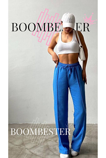 BoomBester Γυναικείο λεπτό λινό καλοκαιρινό παντελόνι με ελαστικό κορδόνι με φαρδύ πόδι Ç με ρέλι – Μπλε