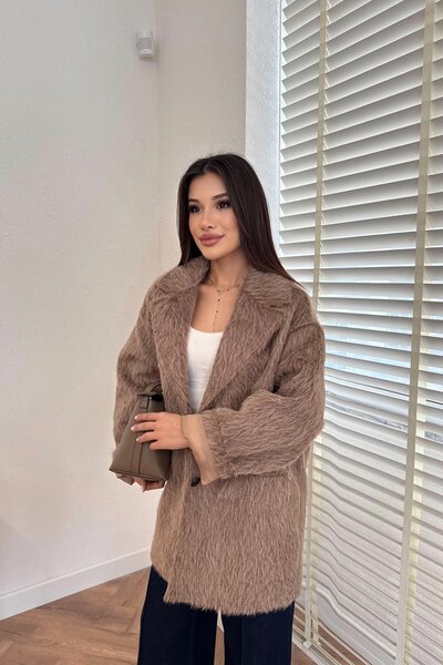 Julidress Beige Special Textured (Bearded) Double Pocket Oversized Premium Blazer Cashmere Jacket