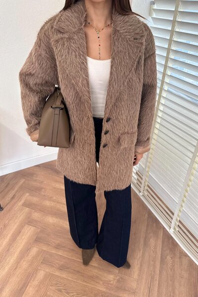 Julidress Beige Special Textured (Bearded) Double Pocket Oversized Premium Blazer Cashmere Jacket