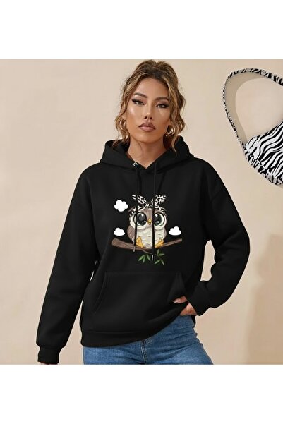 Trendy Sun سترة لطيفة على شكل بومة مطبوع بغطاء رأس . قماش بثلاثة خيوط مريح وم...