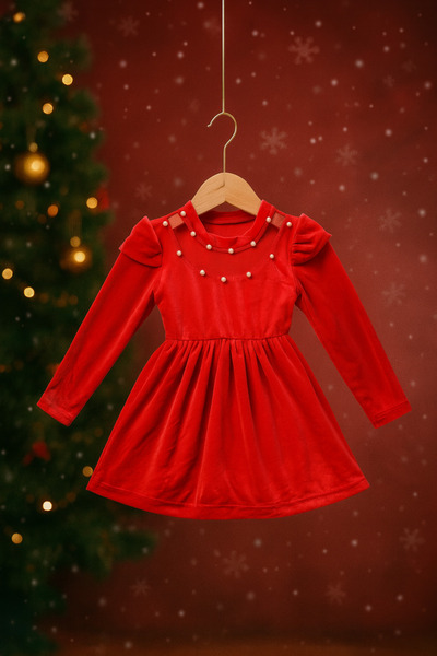 SETTY KOOP Rochie de Crăciun din catifea roșie pentru fete, cu mâneci din perle și decolteu transparent rochie Crăciun fetițe