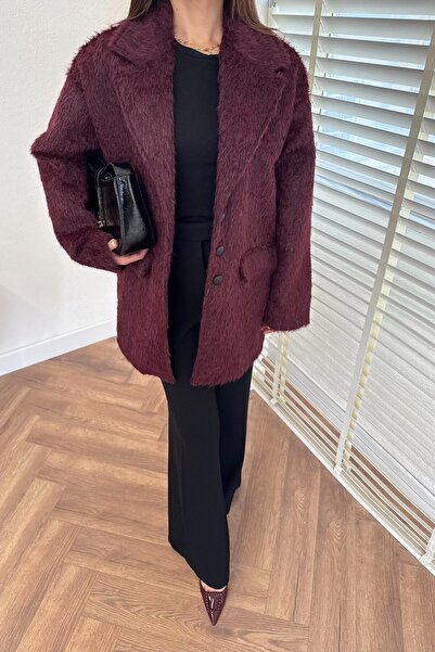 Julidress Burgundy Special Textured (Bearded) Double Pocket Oversized Premium Blazer Cashmere Jacket