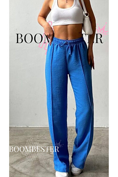 BoomBester Γυναικείο λεπτό λινό καλοκαιρινό παντελόνι με ελαστικό κορδόνι με φαρδύ πόδι Ç με ρέλι – Μπλε