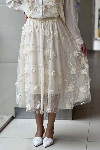 Mahal İncili Taşlı Çiçek Nakış İşlemeli Tül Etek