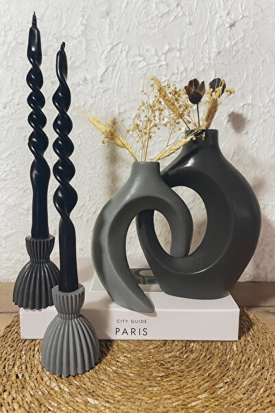 Zigzag Home Decorative Bohemian Style Dear Ivy Vase and Damask Candle Holder Set Figurine Anthracite and Light Gray