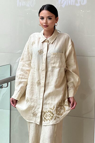 Ghisa Varak Bead Embroidered Linen Shirt Trousers Set