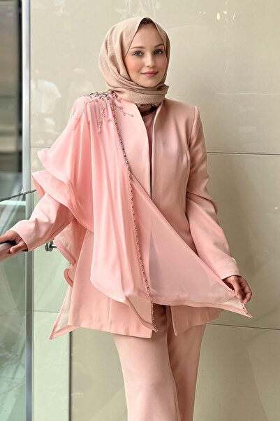 White Corner Sleeve Stone Embroidered and Tulle Detailed Jacket Underwear Pants 3 Piece Set