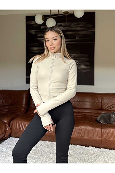 EVOA Cardigan de damă, bej, strâns, croială fleece, guler ridicat fermoar