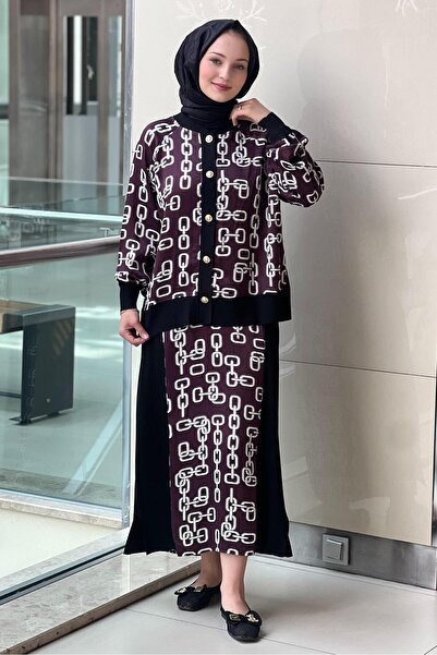 Ghisa Patterned Knitwear Detailed Satin Cardigan Skirt Set