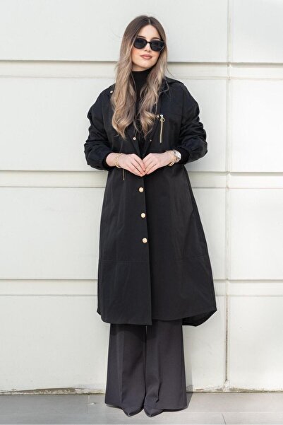 Ghisa Hooded Trench Coat with Front Snap Buttons