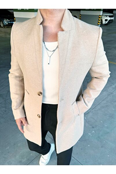 Nokta Moda Slim Fit Italyan Kaşe Kaban Bej Kesim Uzun Palto Dik Yaka Ceket Mont Dar Kesim Yeni Sezon Erkek