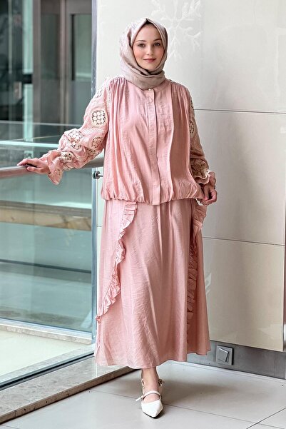 Ghisa Gömlek Kolları Güpürlü Etek Fıfrfırlı Takım