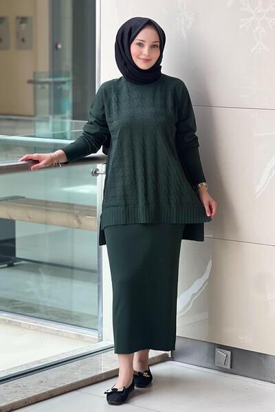 Nuss Kazayağı Desenli Tunik Kalem Etekli Merserize Takım