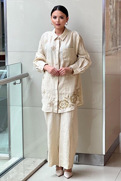 Ghisa Varak Bead Embroidered Linen Shirt Trousers Set