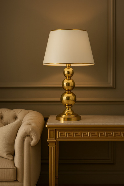 Lampada Milano Gold Kaplama Metal Abajur - Gold Şeritli Krem