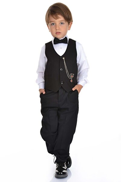 s.t. sebat tekstil Erkek Çocuk 3 Düğmeli Yelek, Gömlek, Papyon, Broş ve Pantolon Özel Gün Takım SB0273