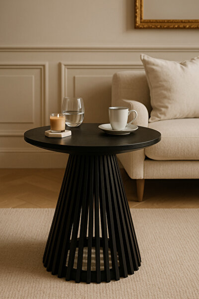 ERİZA Side, Yuvarlak Çıtalı Yan Servis Sehpası, Siyah, 50x48cm