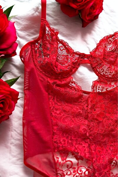 BUELLNA Kırmızı Kadın Dantel Tül Balenli Bodysuit - Şık İç Giyim