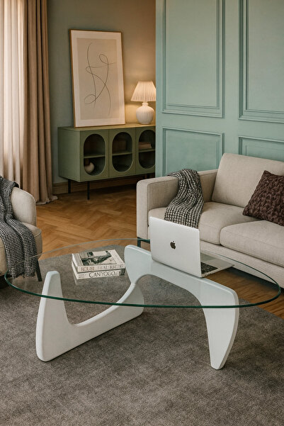 ERİZA Vitra, Yeni Nesil Modern Elips Asimetrik Cam Orta Sehpa, Beyaz