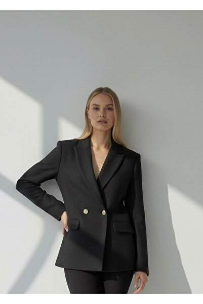 CEK mağazacılık Siyah Tüvit Kruvaze Yaka Blazer Ceket – Gold Düğmeli- Oversize Kalıp