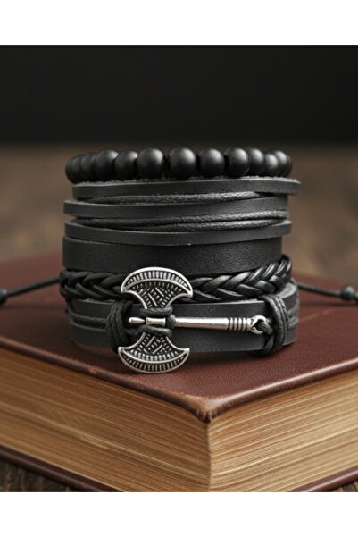 BSN Store 5-Piece Men's Bracelet Double-Sided Ax Figure Genuine Leather Bracelet Onyx Bead Bracelet