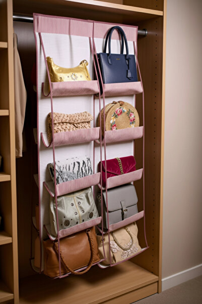 Keven Home 2 قطعة - منظم تخزين حقيبة - منظم حقيبة 10 جيوب - 125x37 سم - موديل مخطط، وردي